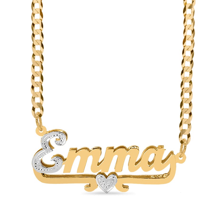 14k Gold over Sterling Silver / Cuban Chain Double Name Necklace w/Beading and Rhodium