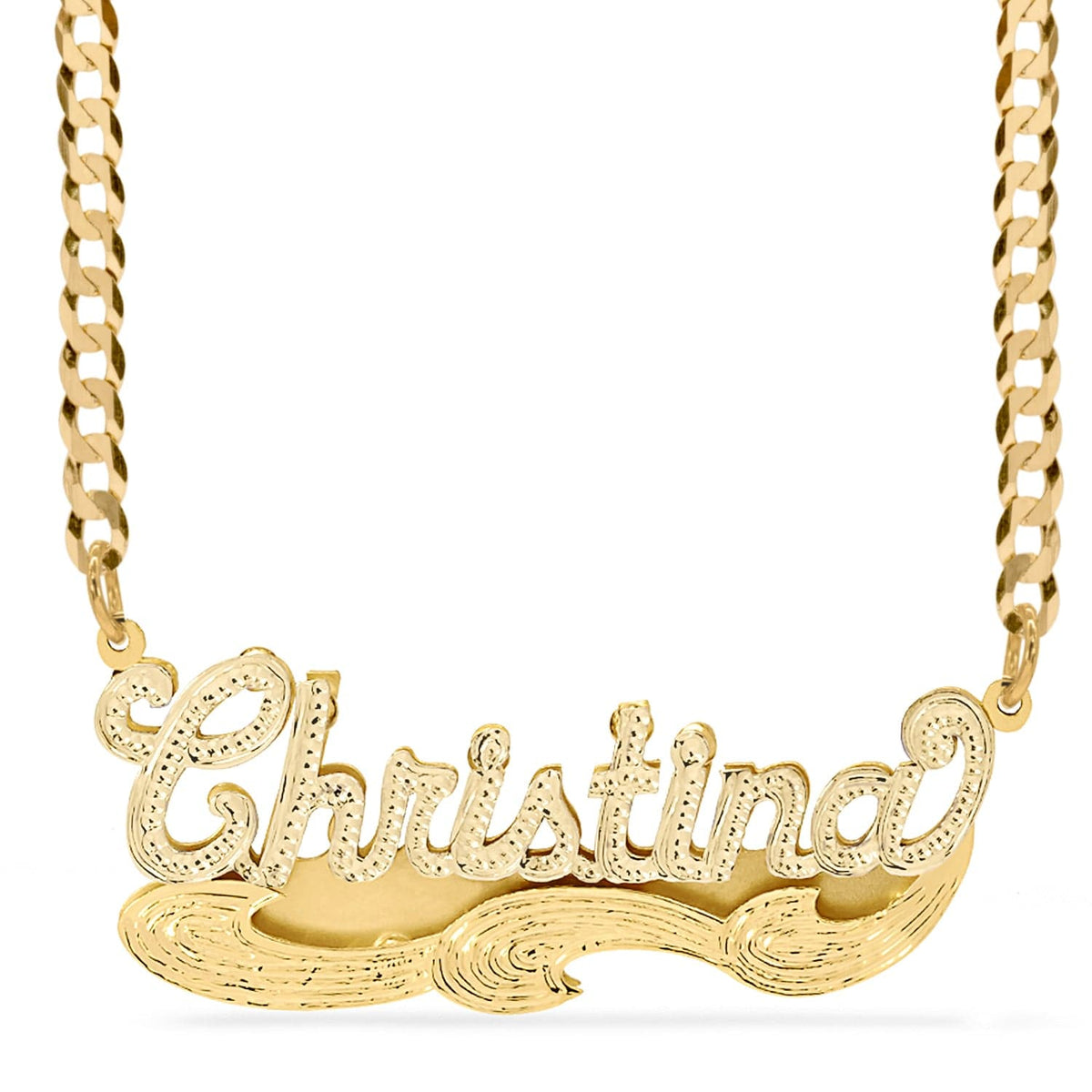 14k Gold over Sterling Silver / Cuban Chain Double Name Necklace w/Beading &quot;Christina&quot; with Cuban chain