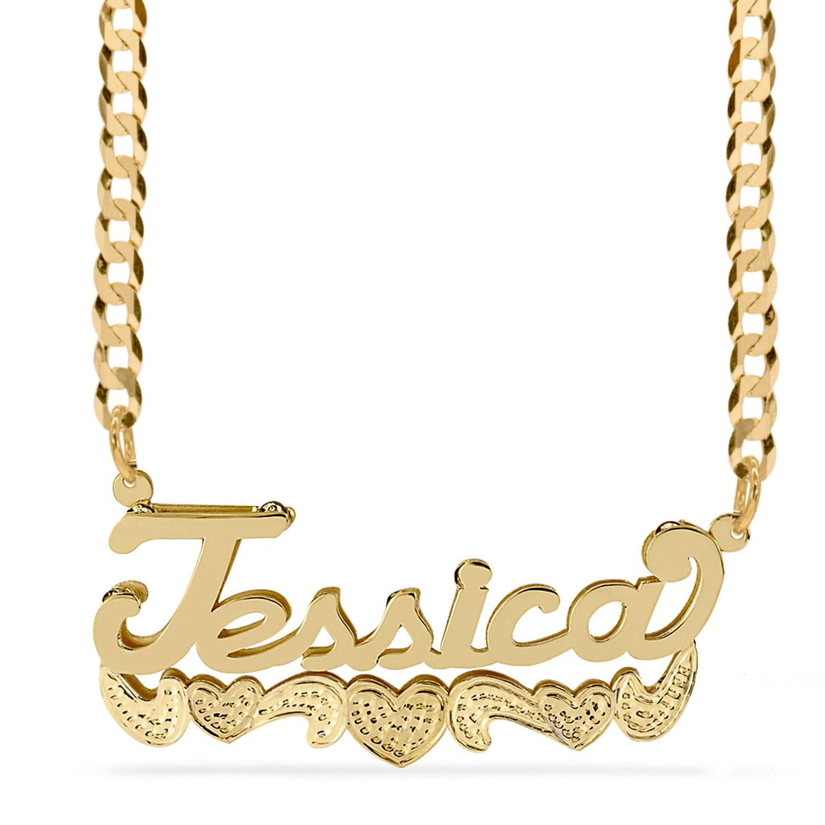 14k Gold over Sterling Silver / Cuban Chain Double Name Necklace w/Beading-Rhodium with Cuban chain