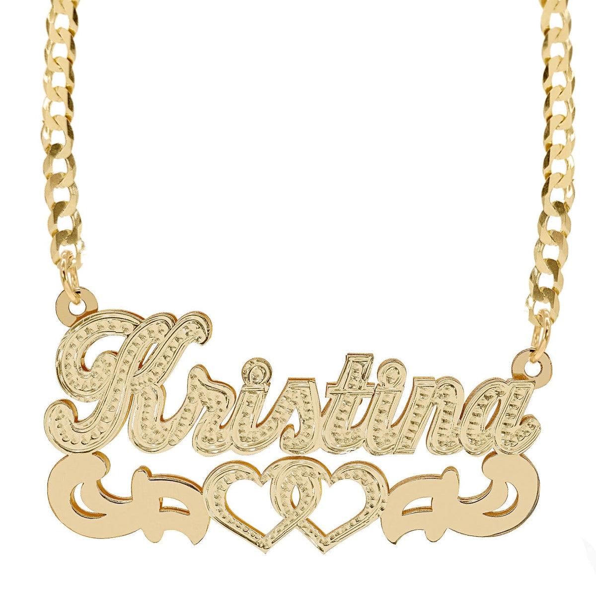 14k Gold over Sterling Silver / Cuban Chain Double Nameplate Necklace &quot;Kristina&quot; with Cuban chain