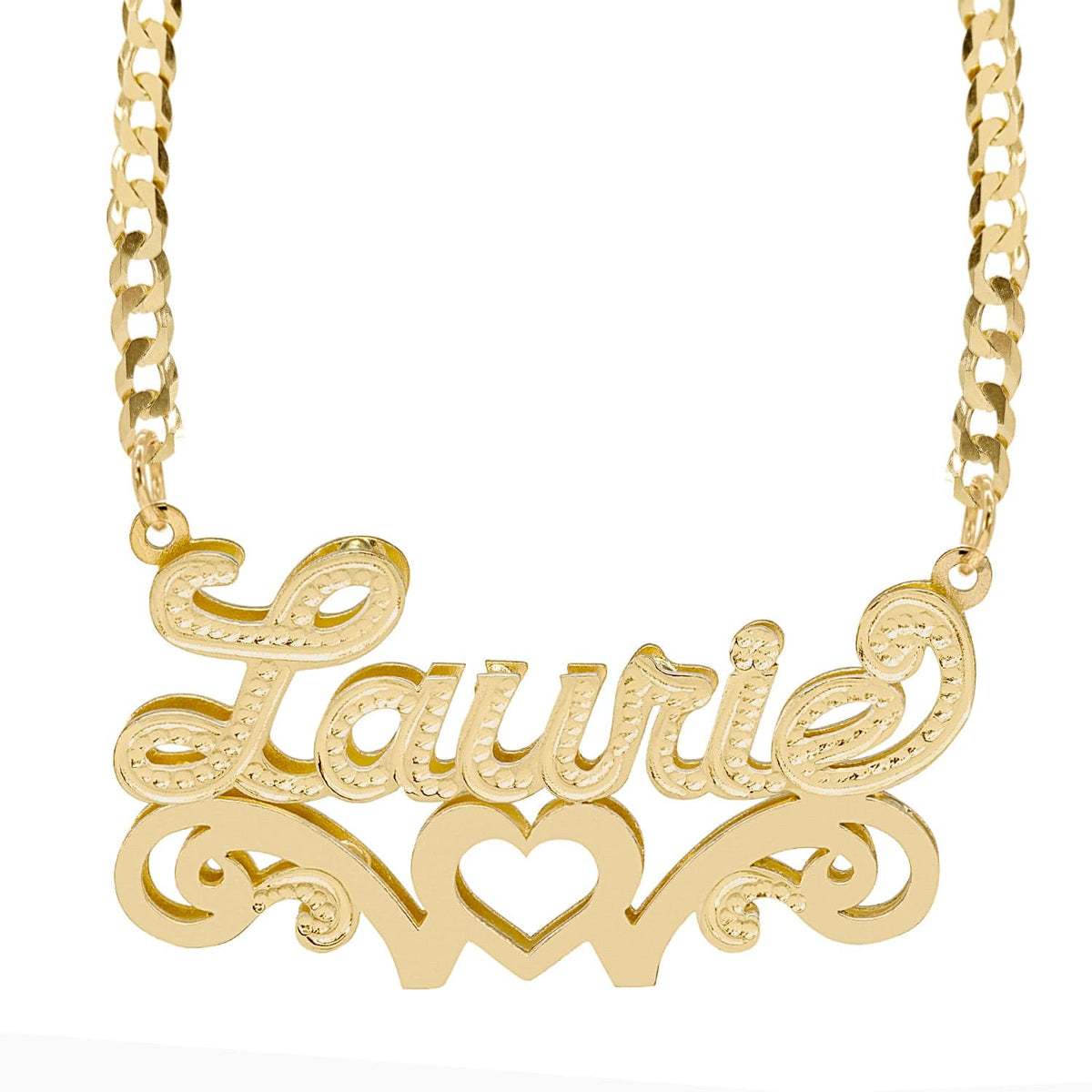 14k Gold over Sterling Silver / Cuban Chain Double Nameplate Necklace w/ Love Heart &quot;Laurie&quot;