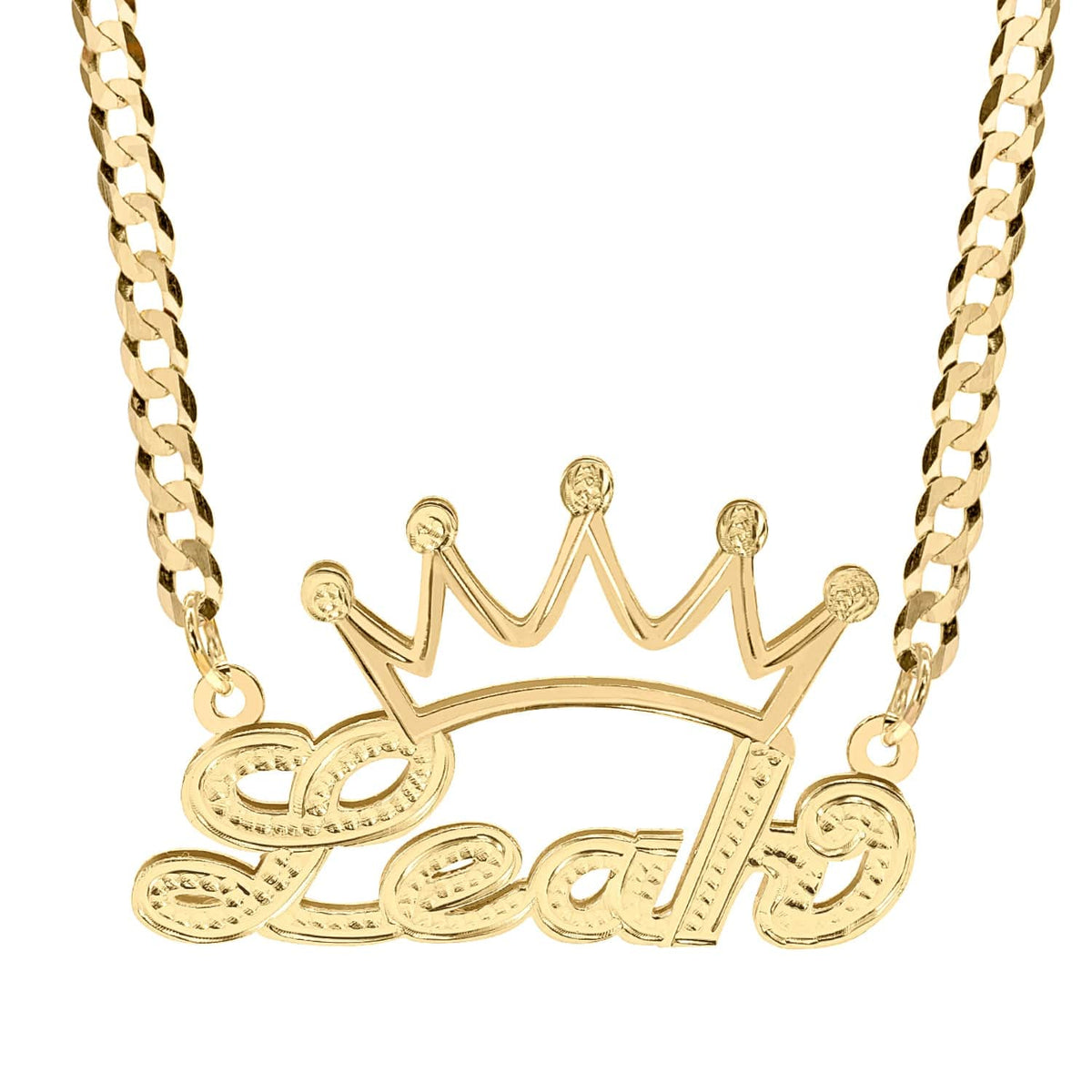 14k Gold over Sterling Silver / Cuban Chain Double Nameplate Necklace with Crown &quot;Leah&quot; with Cuban chain