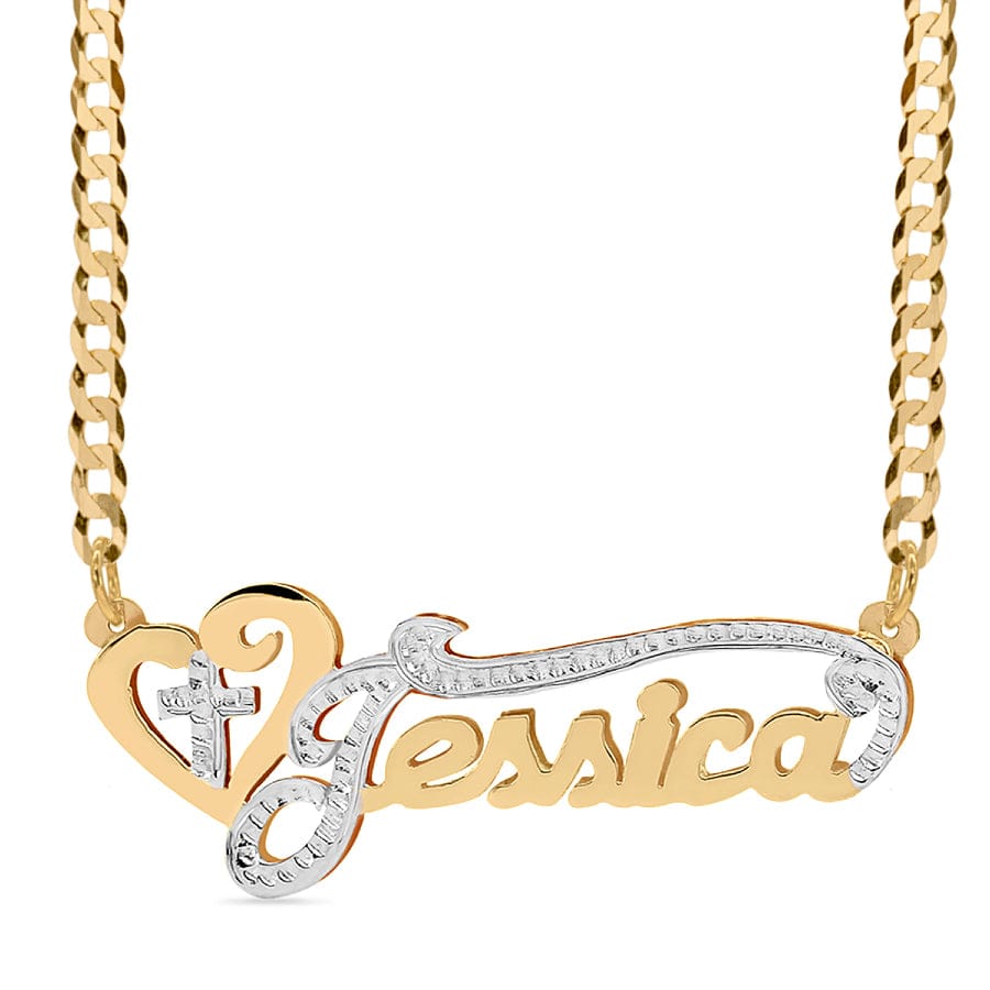 14k Gold over Sterling Silver / Cuban Chain Double Plated Nameplate Necklace &quot;Jessica&quot; with Cuban chain