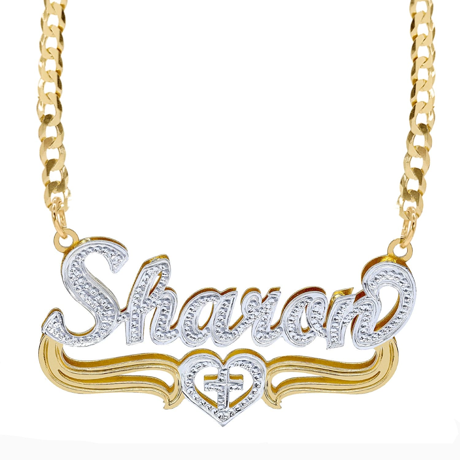14k Gold over Sterling Silver / Cuban Chain Double Plated Nameplate Necklace "Sharon" with Cuban chain