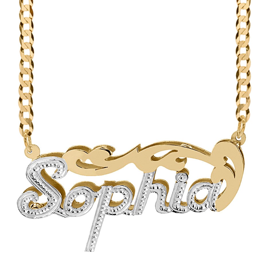 14K Gold over Sterling Silver / Cuban Chain Double Plated Nameplate Necklace &quot;Sophia&quot; with Cuban chain