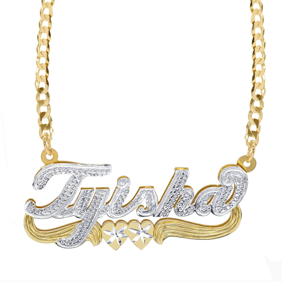14k Gold over Sterling Silver / Cuban Chain Double Script Name Plate With Beading &quot;Tyisha&quot; with Cuban chain