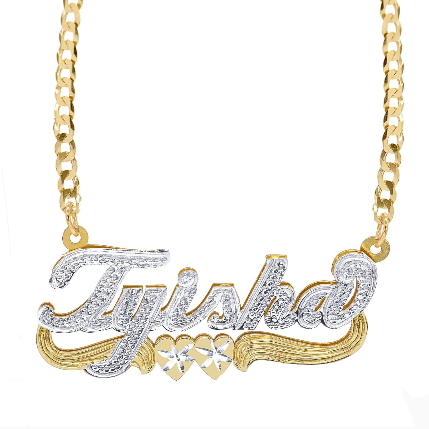 14k Gold over Sterling Silver / Cuban Chain Double Script Name Plate With Beading "Tyisha" with Cuban chain