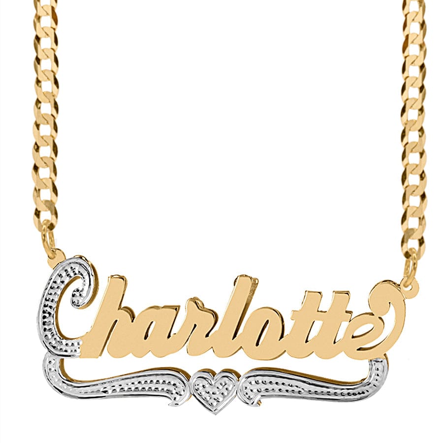 14k Gold over Sterling Silver / Cuban Chain Double Script Name Plate With Beading with Cuban chain