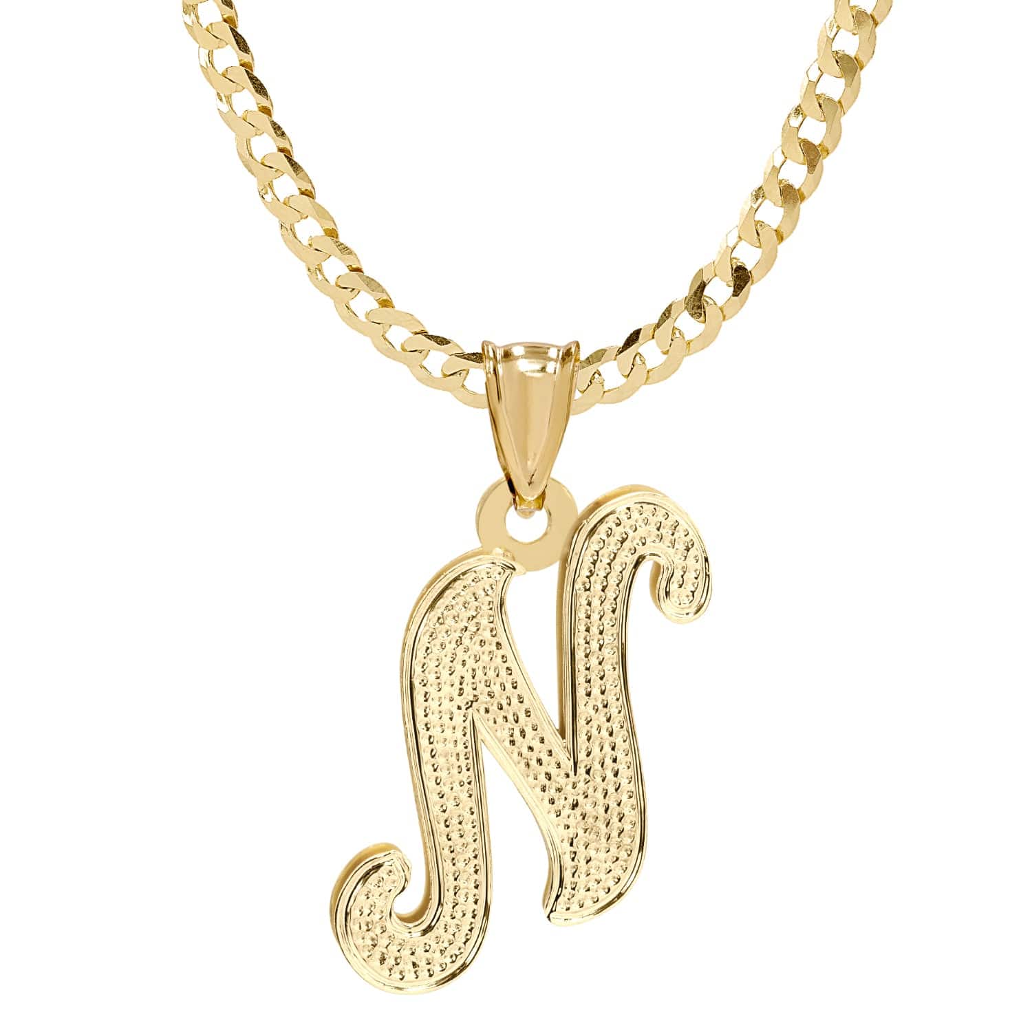 Two-Tone. Sterling Silver / Cuban Chain Initial Necklace - Double Plated with Beaded Finish