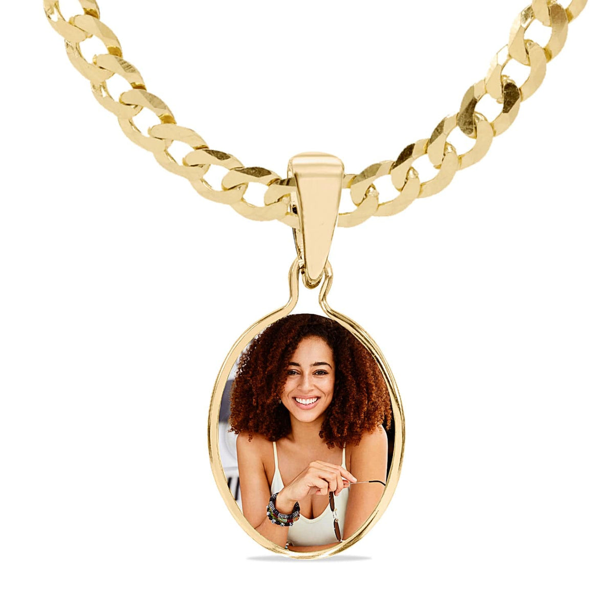 14k Gold over Sterling Silver / Cuban Chain Mother of Pearl Oval Portrait Pendant