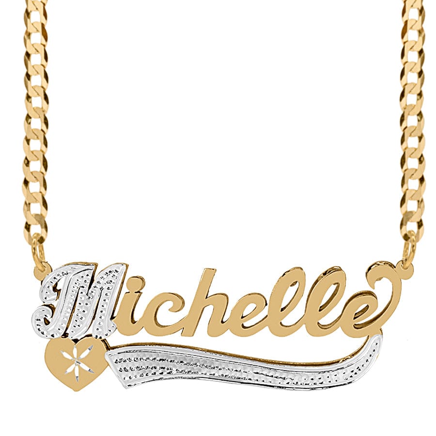 14k Gold over Sterling Silver / Cuban Chain Personalized Double Plated Name Necklace W/ Tail and Heart