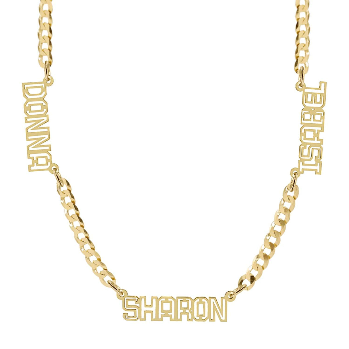 14k Gold over Sterling Silver / Cuban Chain Personalized Nameplate Necklace w/ Three Cut-Out Names on Cuban Chain