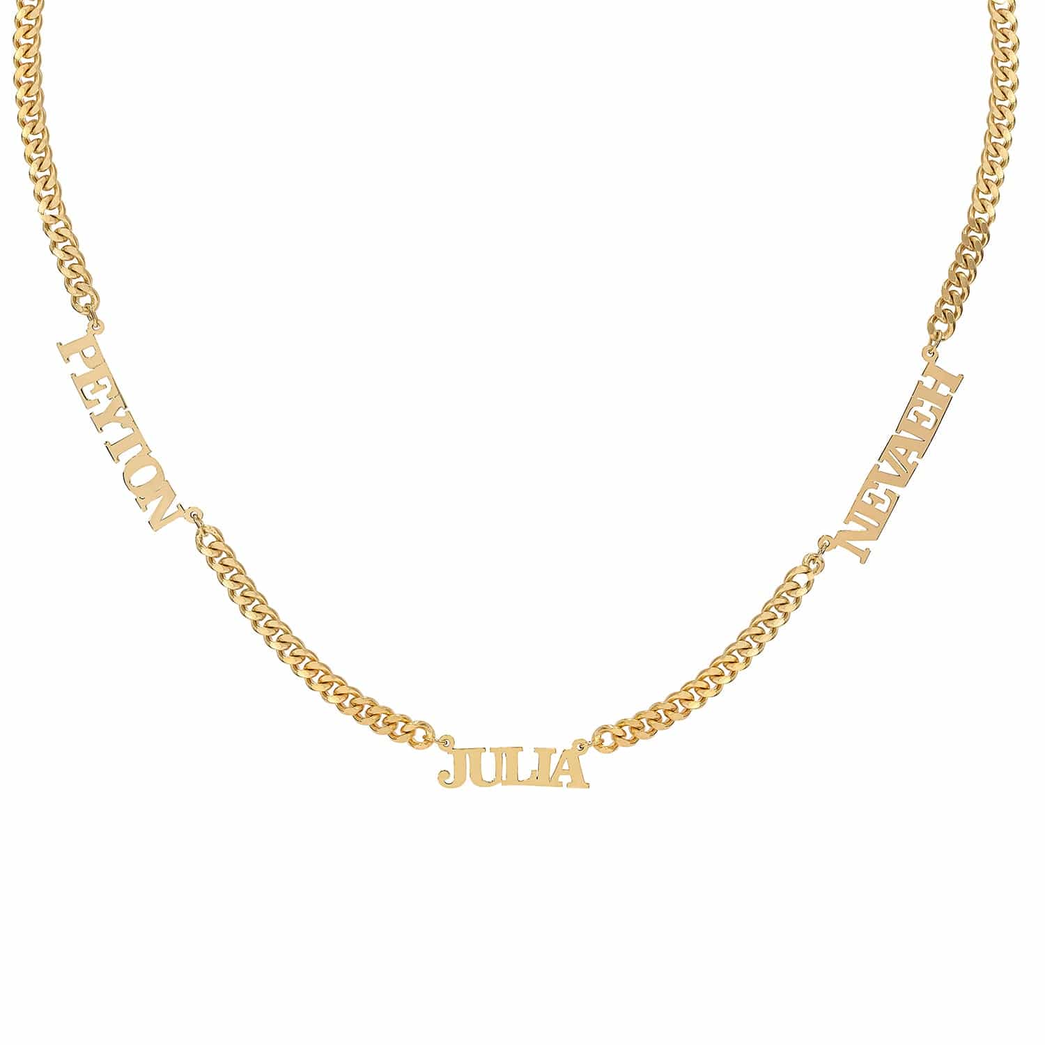 14k Gold over Sterling Silver / Cuban Chain Personalized Nameplate Necklace w/ Three Names on Cuban Chain
