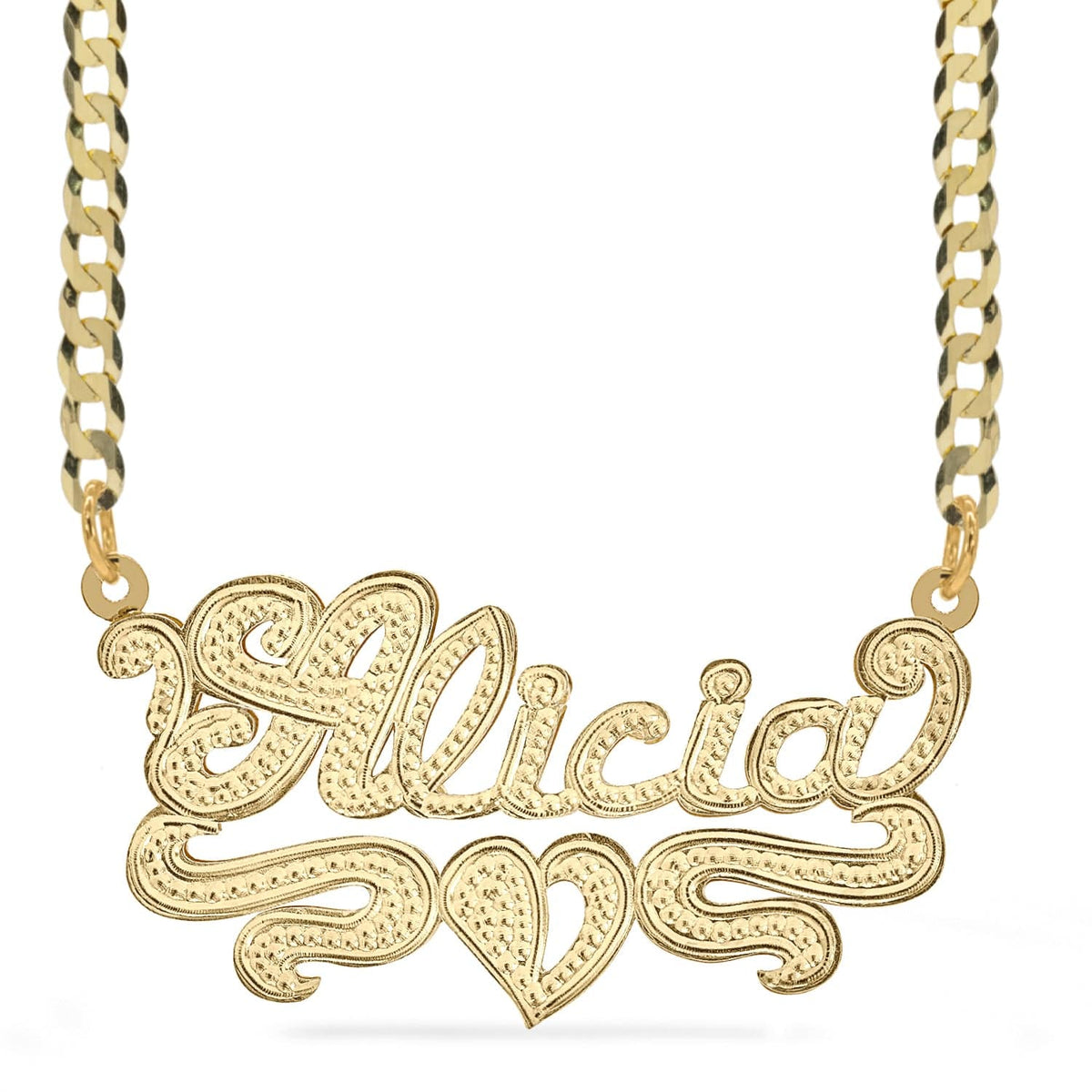 14K Gold over Sterling Silver / Cuban Chain Rhodium Beaded &quot;Double&quot; Nameplate