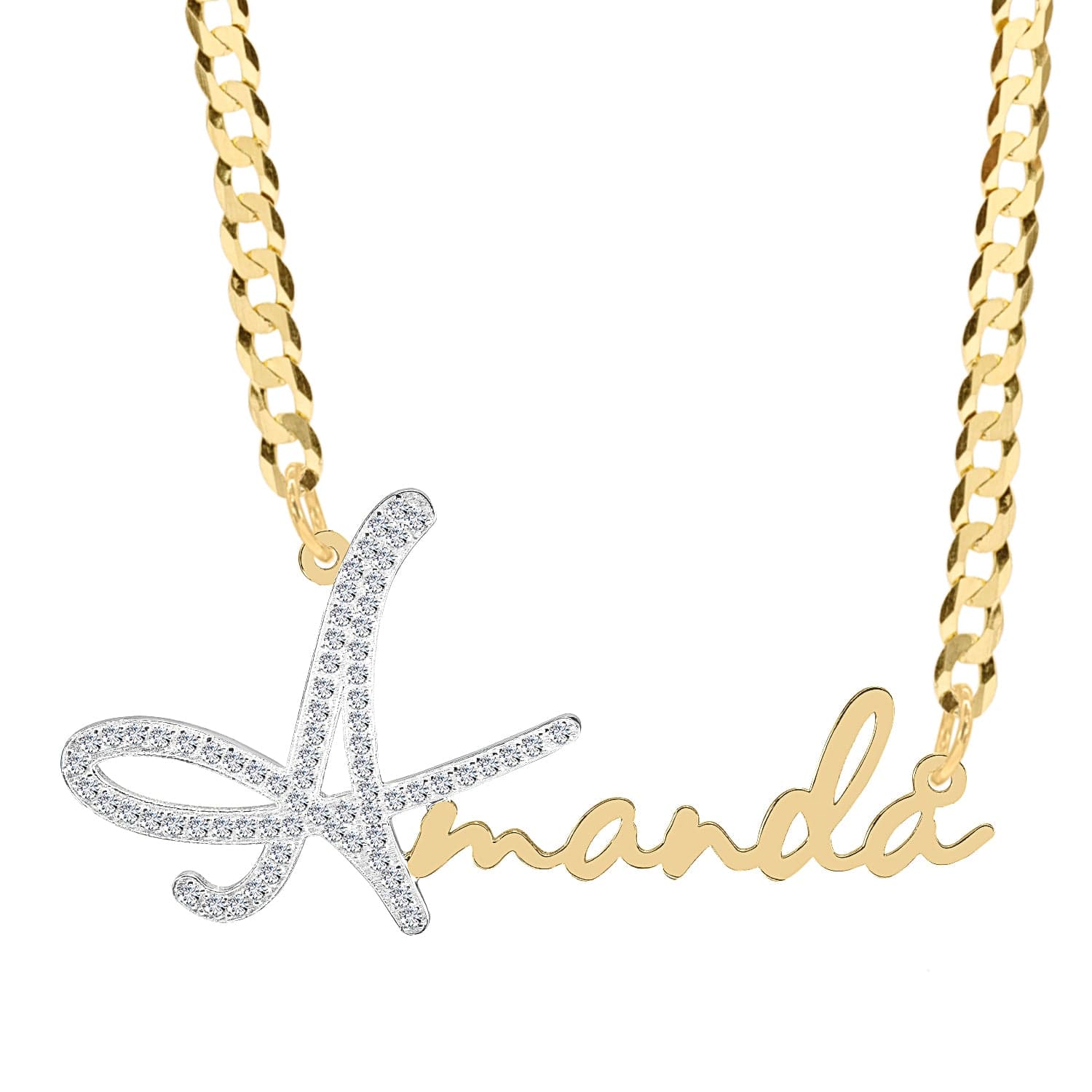 14k Gold over Sterling Silver / Link Chain Single Plated Nameplate Necklace "Amanda" with Stones