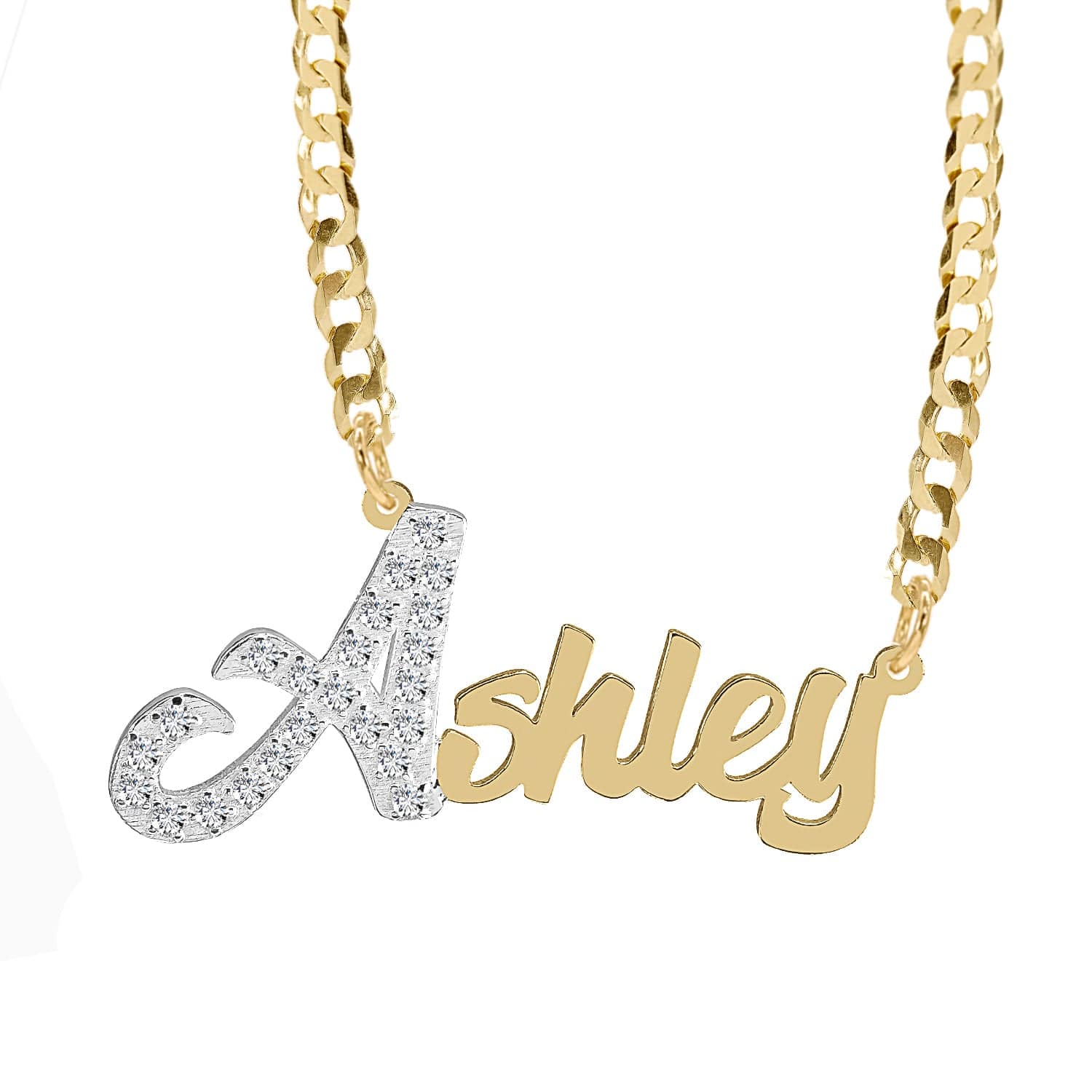 14k Gold over Sterling Silver / Cuban Chain Single Plated Nameplate Necklace "Ashley" with Stones