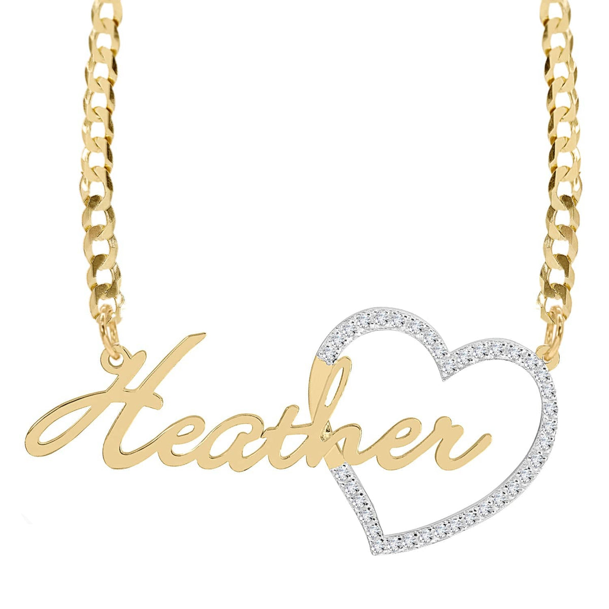 14k Gold over Sterling Silver / Cuban Chain Single Plated Nameplate Necklace &quot;Heather&quot; with Stones Heart
