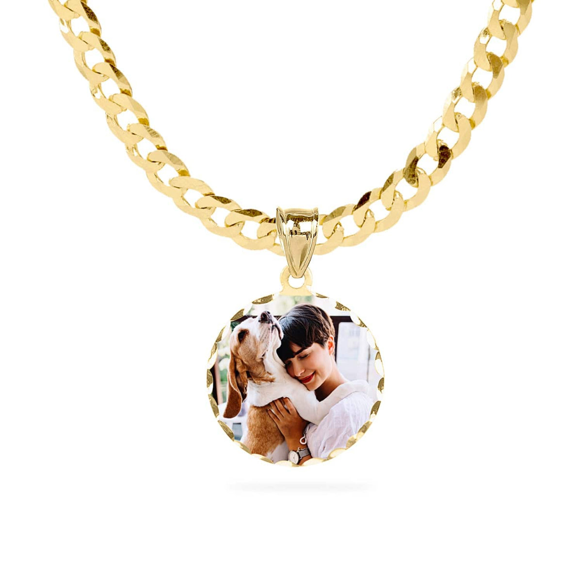 14k Gold over Sterling Silver / Cuban Chain Small Round Portrait Pendant