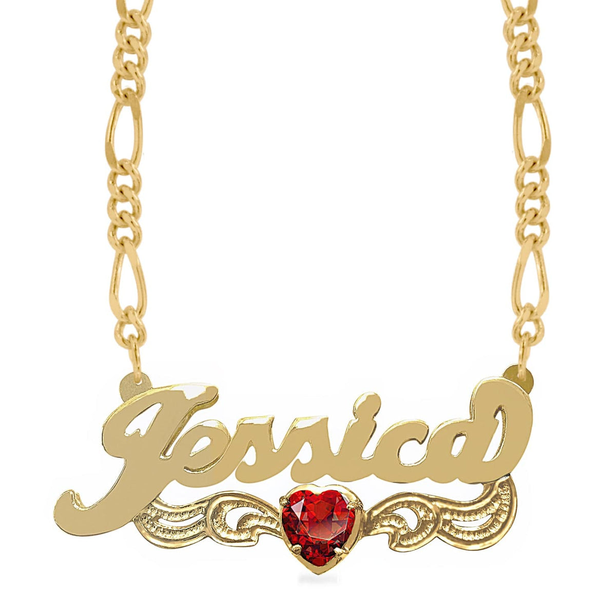 14K Gold over Sterling Silver / Figaro chain Birthstone Heart Rhodium Beaded &quot;Double&quot; Nameplate