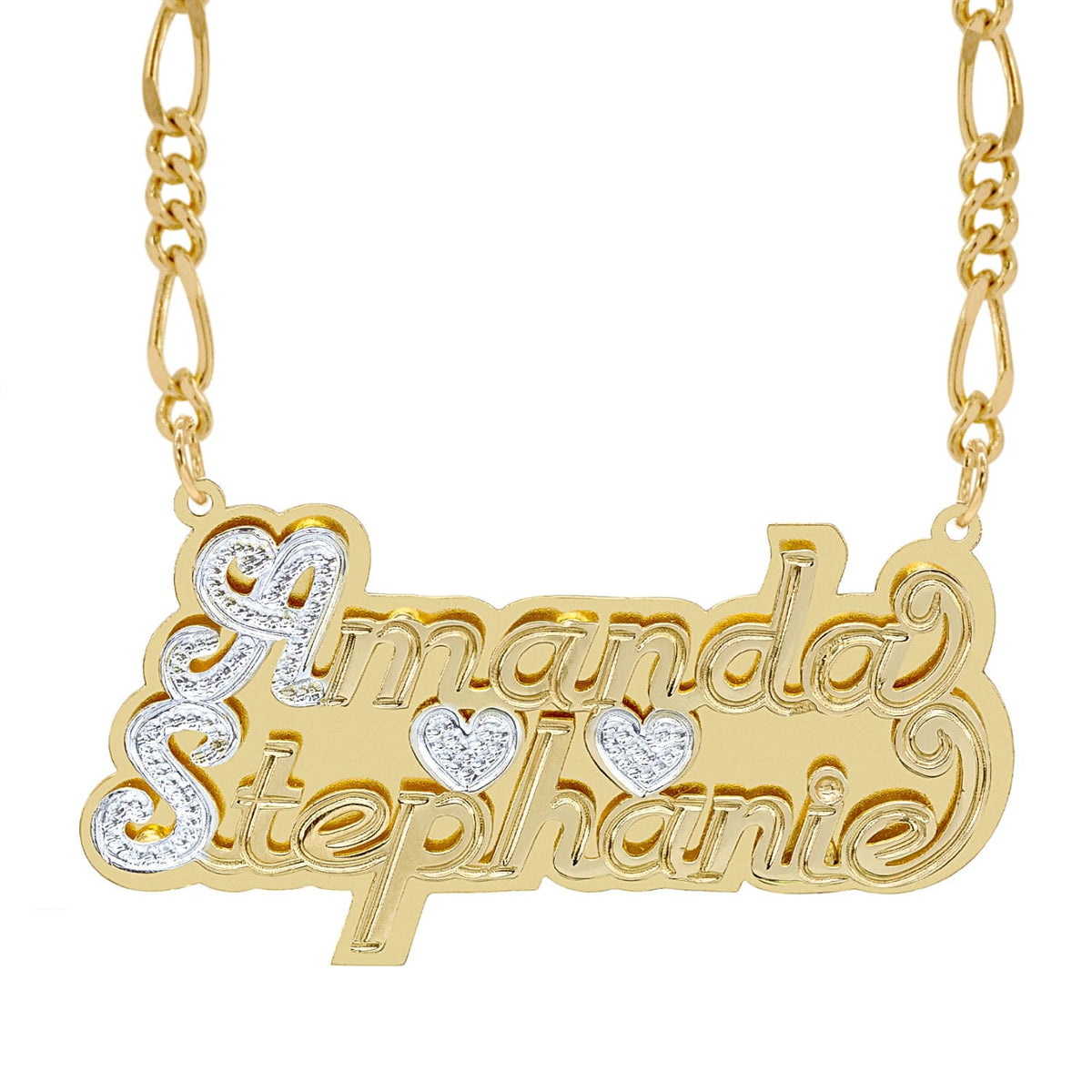 14k Gold over Sterling Silver / Figaro Chain Copy of Double Plated Nameplate Necklace