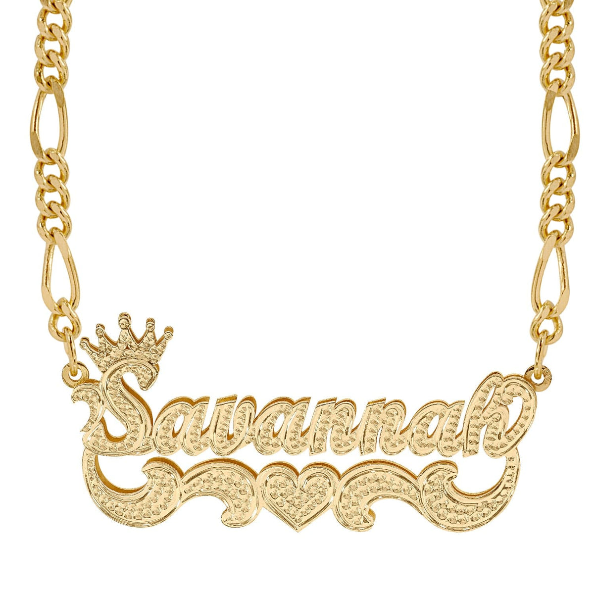 14k Gold over Sterling Silver / Figaro Chain Crown Double Plated Name Necklace &quot;Savannah&quot; with Figaro chain