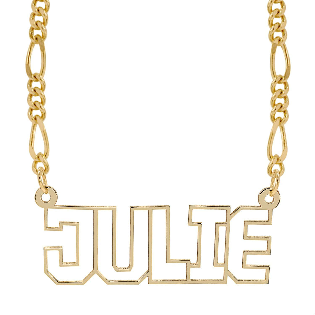 14K Gold over Sterling Silver / Figaro chain Cutout Block Name Necklace