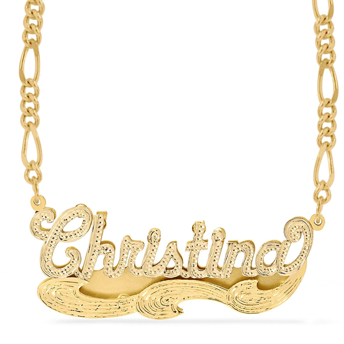 14k Gold over Sterling Silver / Figaro Chain Double Name Necklace w/Beading-Rhodium &quot;Christina&quot; with Figaro chain