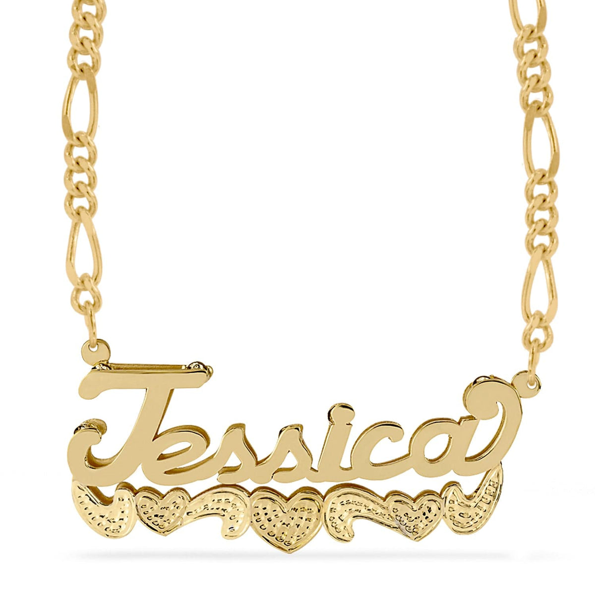 14k Gold over Sterling Silver / Figaro Chain Double Name Necklace w/Beading-Rhodium with Figaro chain