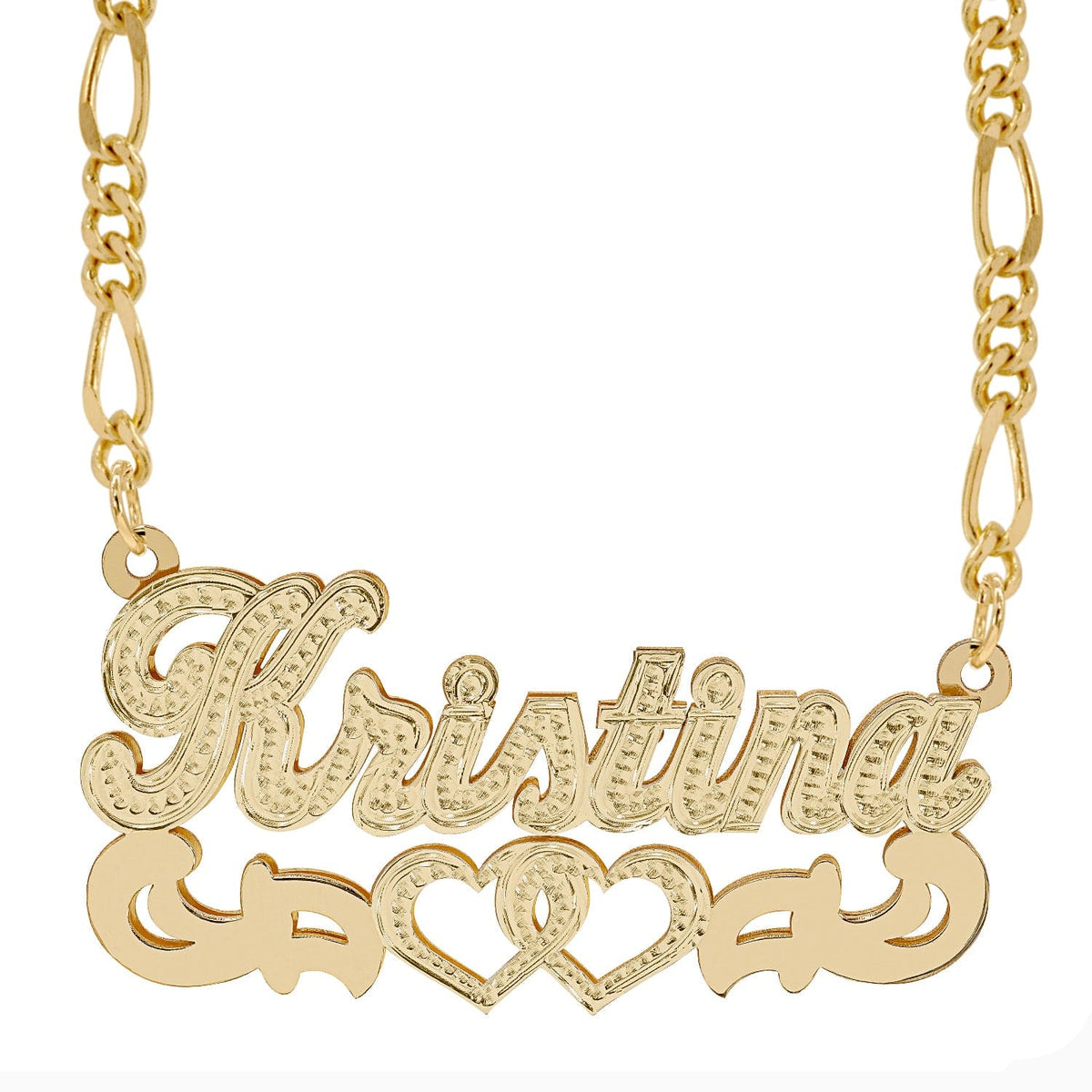 14k Gold over Sterling Silver / Figaro Chain Double Nameplate Necklace &quot;Kristina&quot;