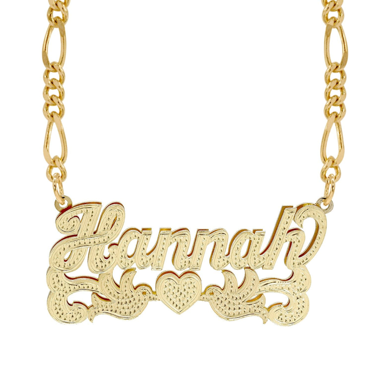 14k Gold over Sterling Silver / Figaro Chain Double Nameplate Necklace w/ Love Birds &quot;Hannah&quot;