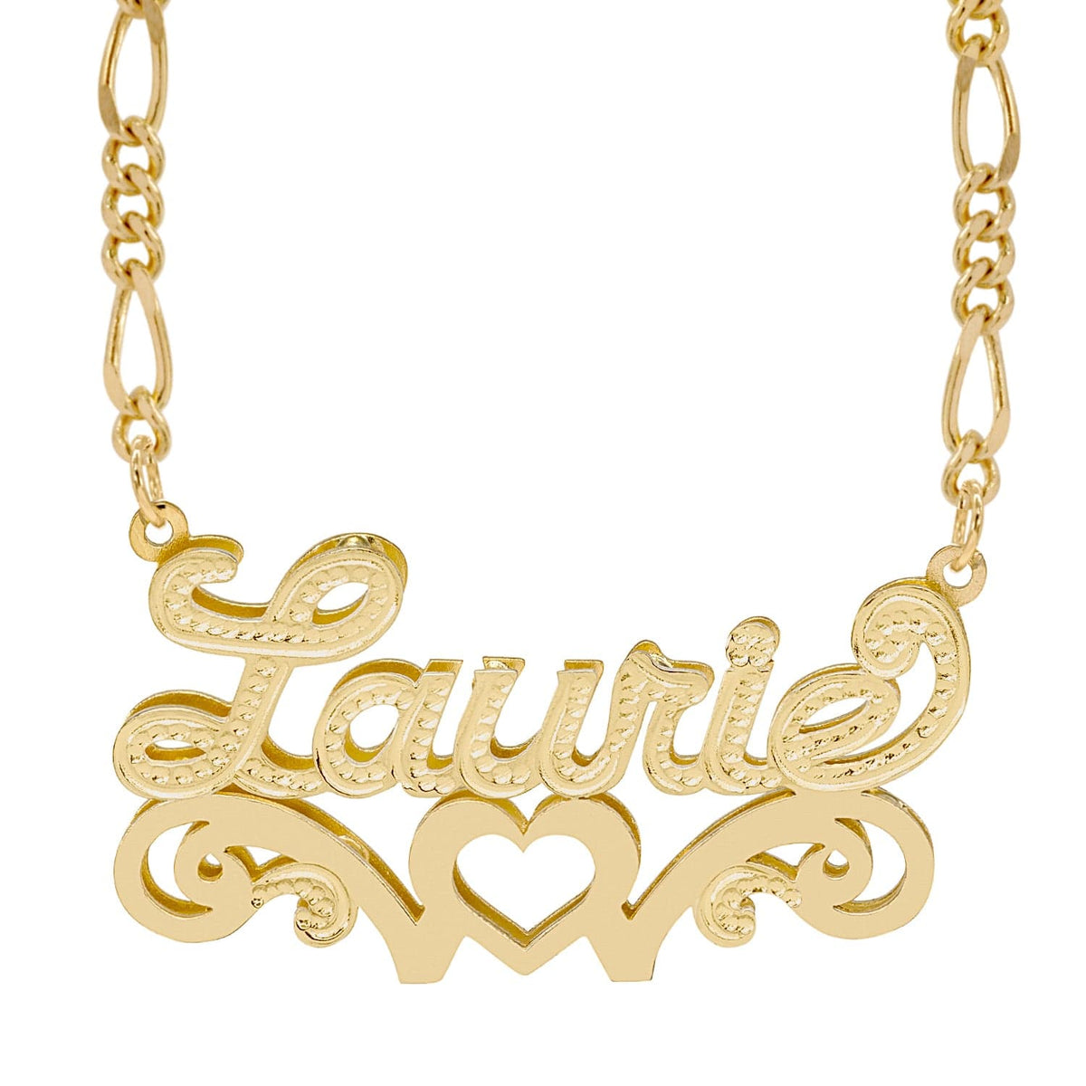 14k Gold over Sterling Silver / Figaro Chain Double Nameplate Necklace w/ Love Heart &quot;Laurie&quot;