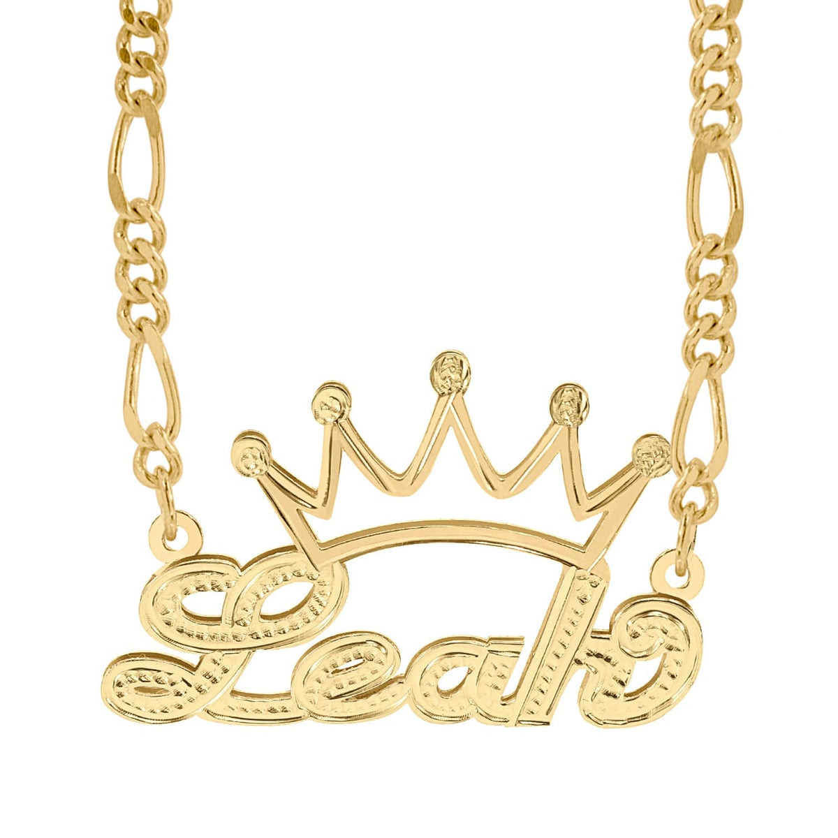 14k Gold over Sterling Silver / Figaro Chain Double Nameplate Necklace with Crown &quot;Leah&quot; with Figaro chain