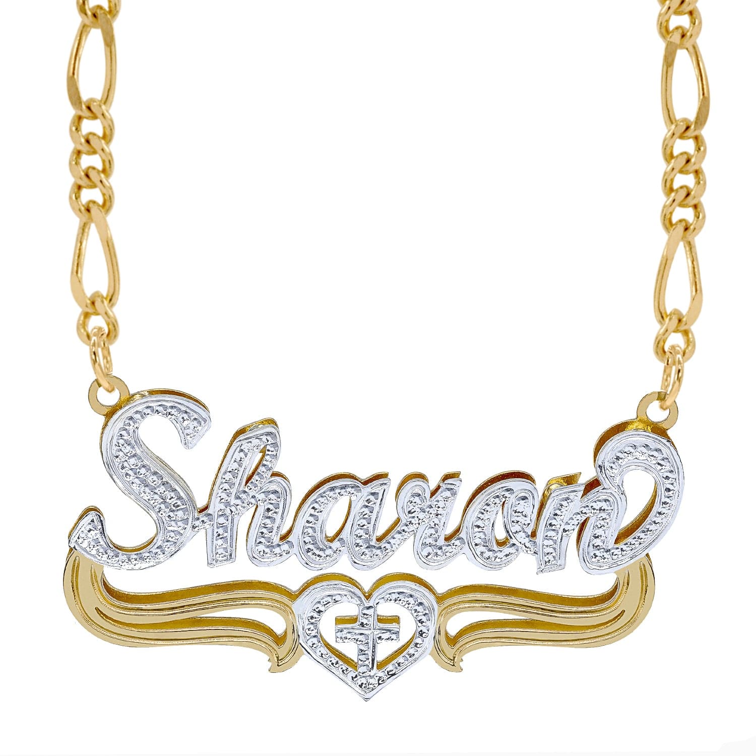 14k Gold over Sterling Silver / Figaro Chain Double Plated Nameplate Necklace "Sharon" with Figaro chain