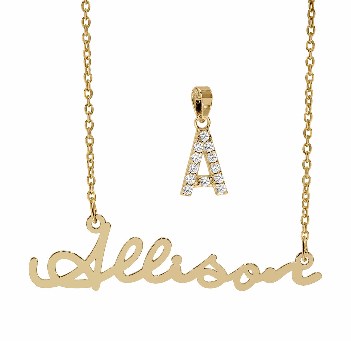 14k Gold over Sterling Silver / Initial without Chain Script Name Necklace With FREE Zirconia Initial Pendant