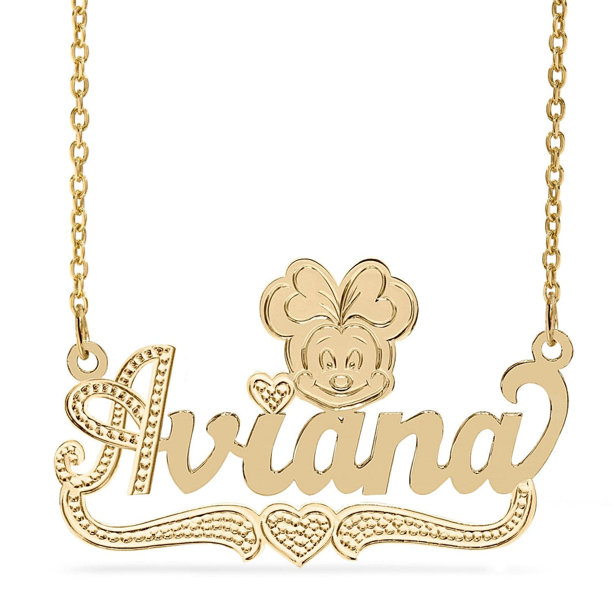 14K Gold over Sterling Silver / Link Chain Cartoon Name Necklace w/Beading-Rhodium