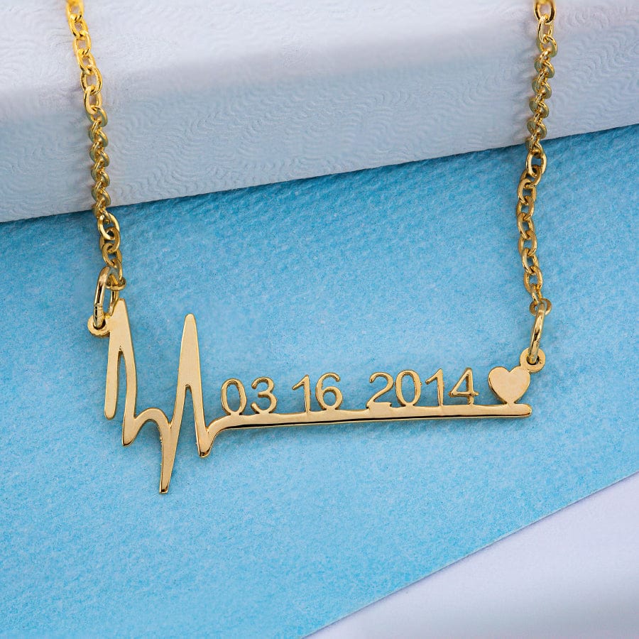 14K Gold over Sterling Silver / Link Chain Heartbeat Date Necklace