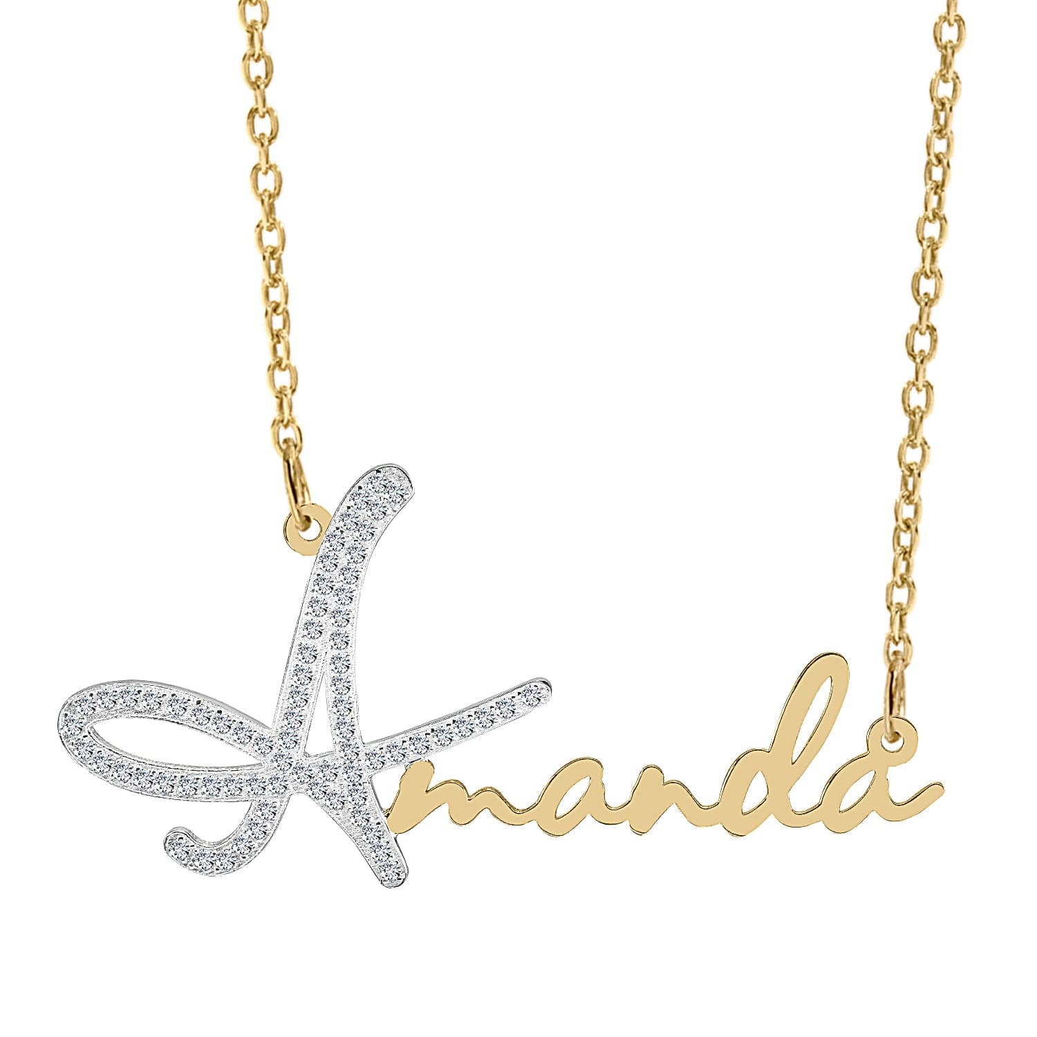 14k Gold over Sterling Silver / Link Chain Single Plated Nameplate Necklace "Amanda" with Stones
