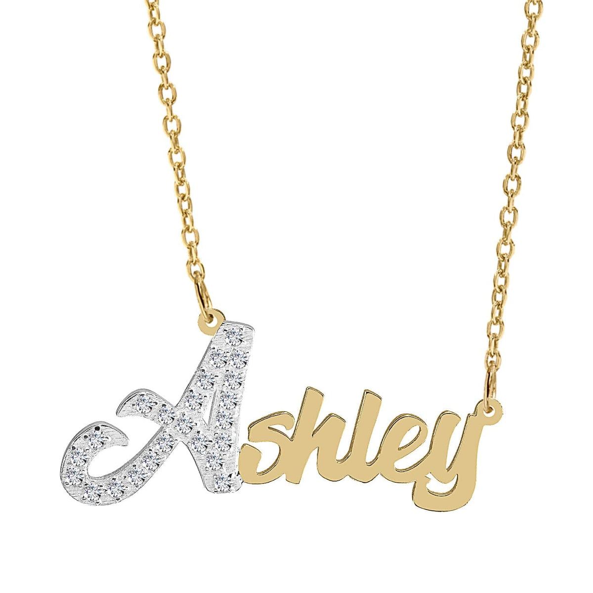 14k Gold over Sterling Silver / Link Chain Single Plated Nameplate Necklace &quot;Ashley&quot; with Stones