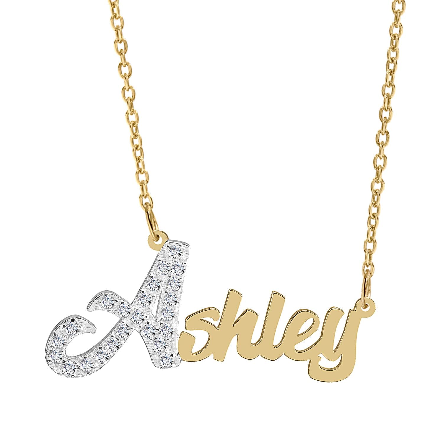 14k Gold over Sterling Silver / Link Chain Single Plated Nameplate Necklace "Ashley" with Stones