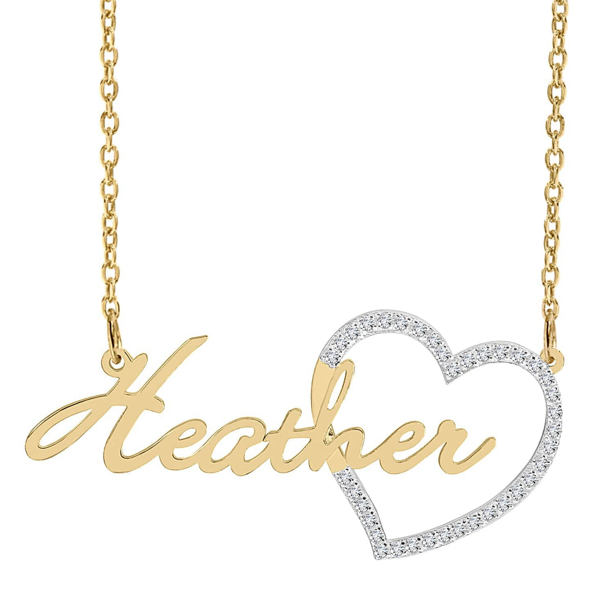 14k Gold over Sterling Silver / Link Chain Single Plated Nameplate Necklace &quot;Heather&quot; with Stones Heart