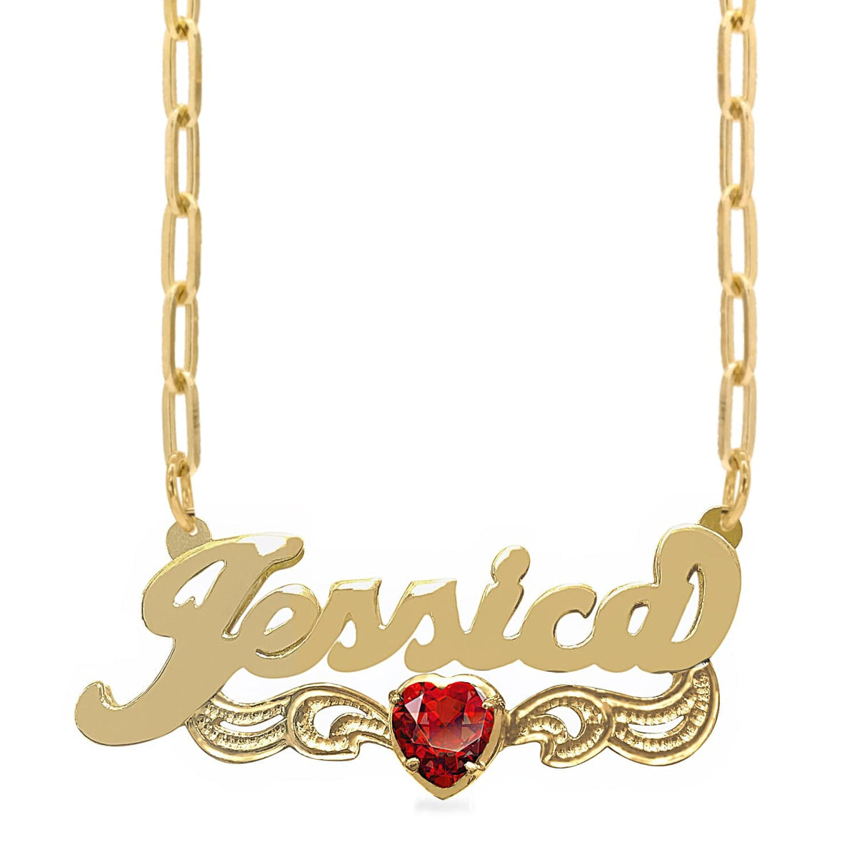 14K Gold over Sterling Silver / Paper Clip Chain Birthstone Heart Rhodium Beaded &quot;Double&quot; Nameplate