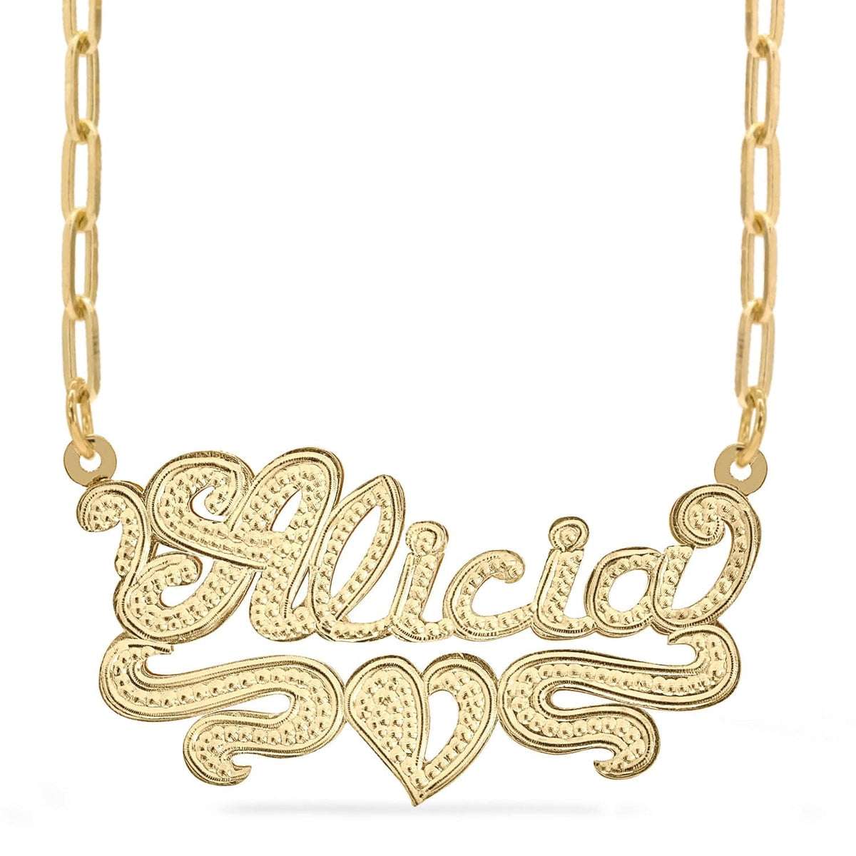 14K Gold over Sterling Silver / Paper Clip Chain Rhodium Beaded &quot;Double&quot; Nameplate