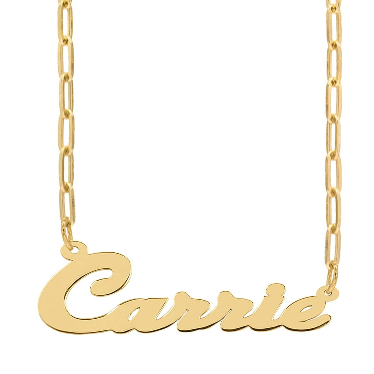 14K Gold over Sterling Silver / Paper Clip Chain Script Name Necklace &quot;Carrie&quot;