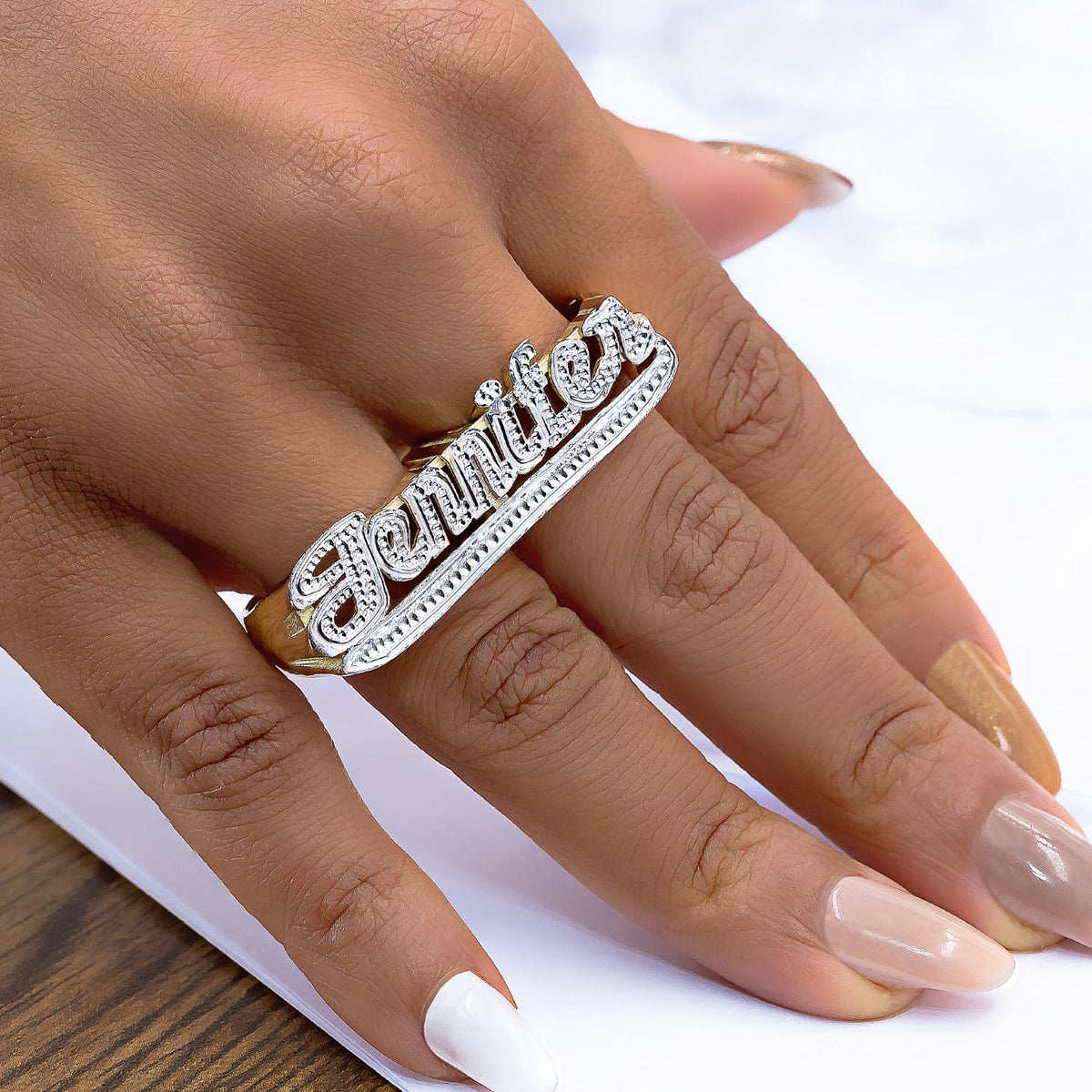Personalized Two-Finger High Polish Name Ring. With Tail 