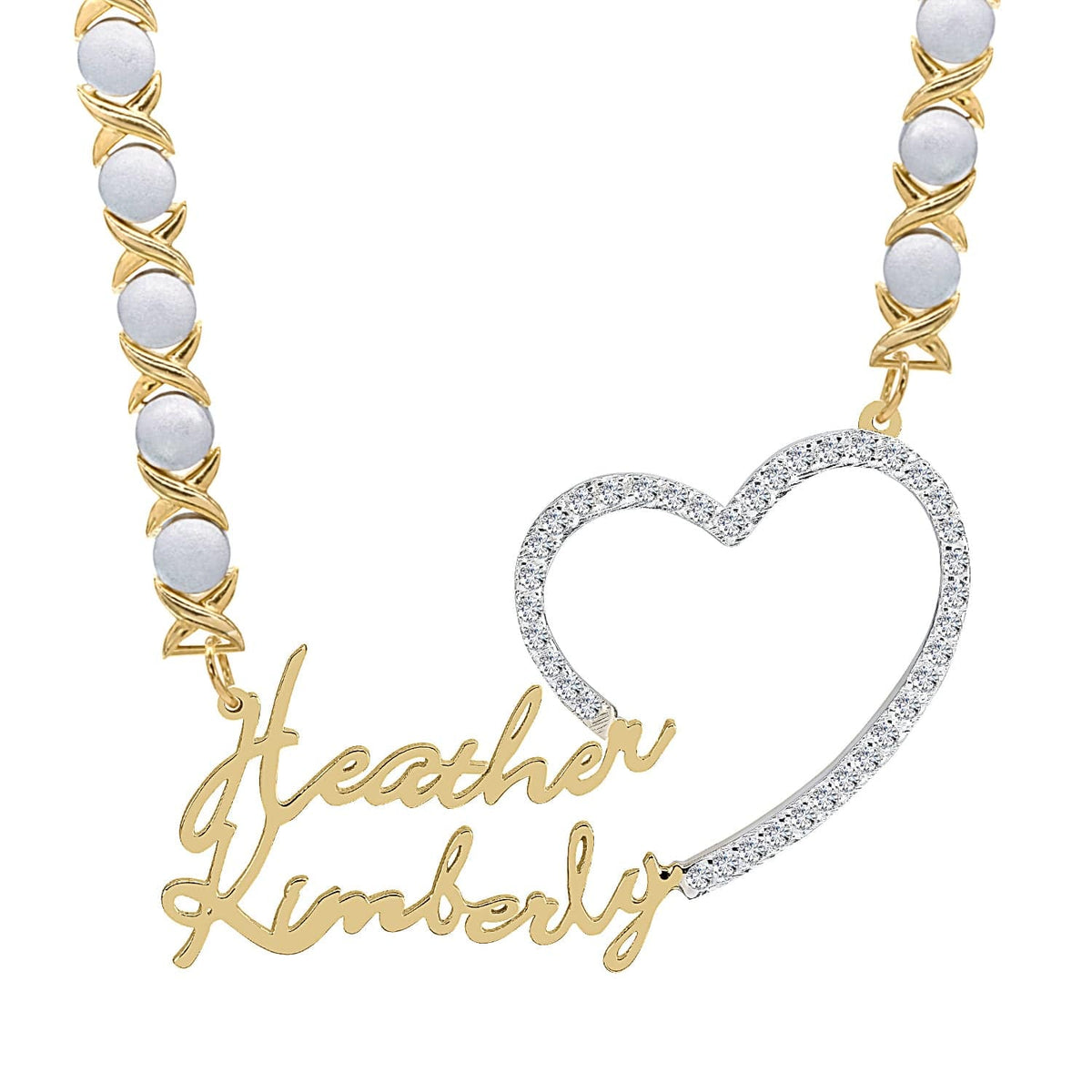 14k Gold over Sterling Silver / Rhodium Xoxo Chain Copy of Single Plated Nameplate Necklace &quot;Heather&quot; with Stones Heart