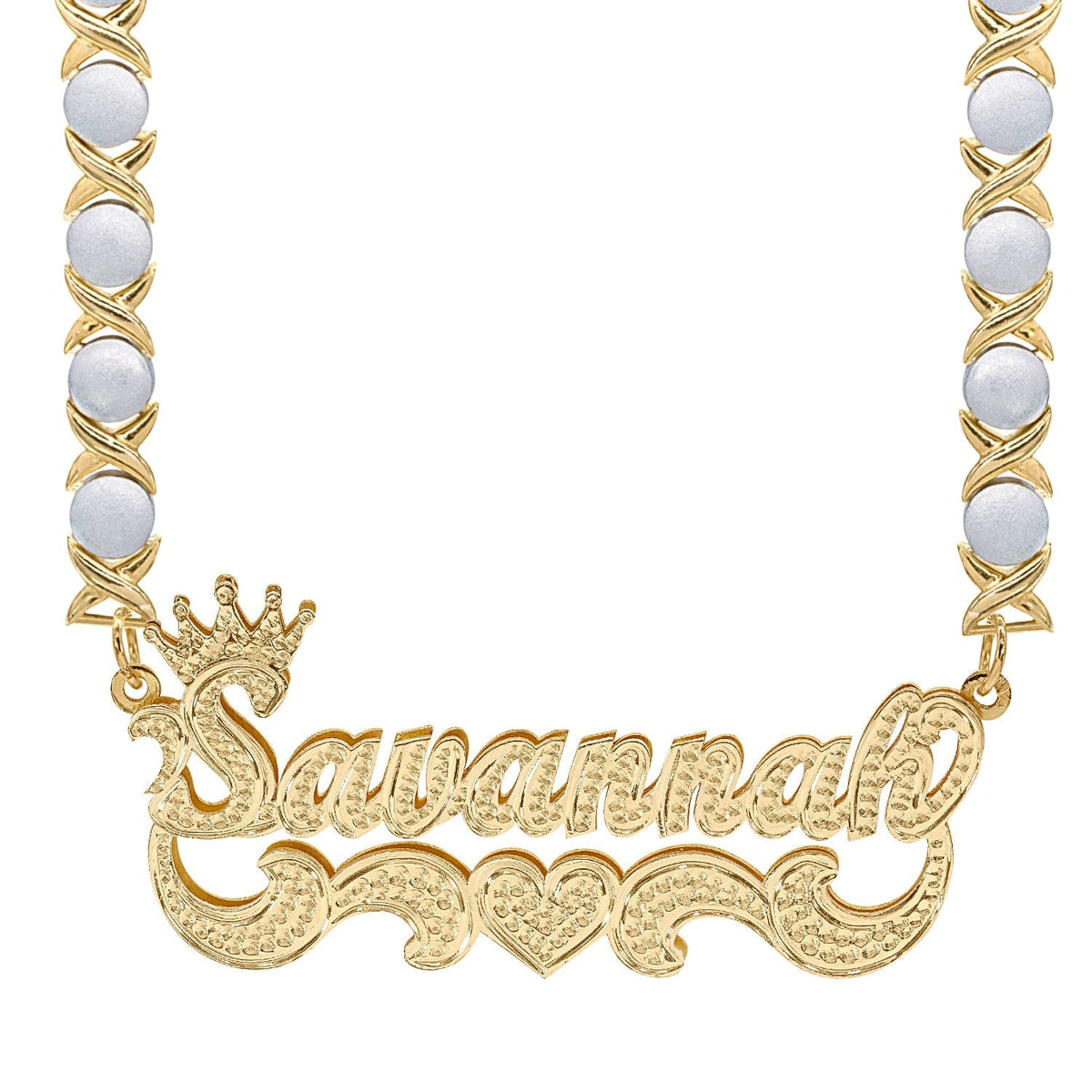 14k Gold over Sterling Silver / Rhodium Xoxo Chain Crown Double Plated Name Necklace &quot;Savannah&quot; with Rhodium Xoxo Chain
