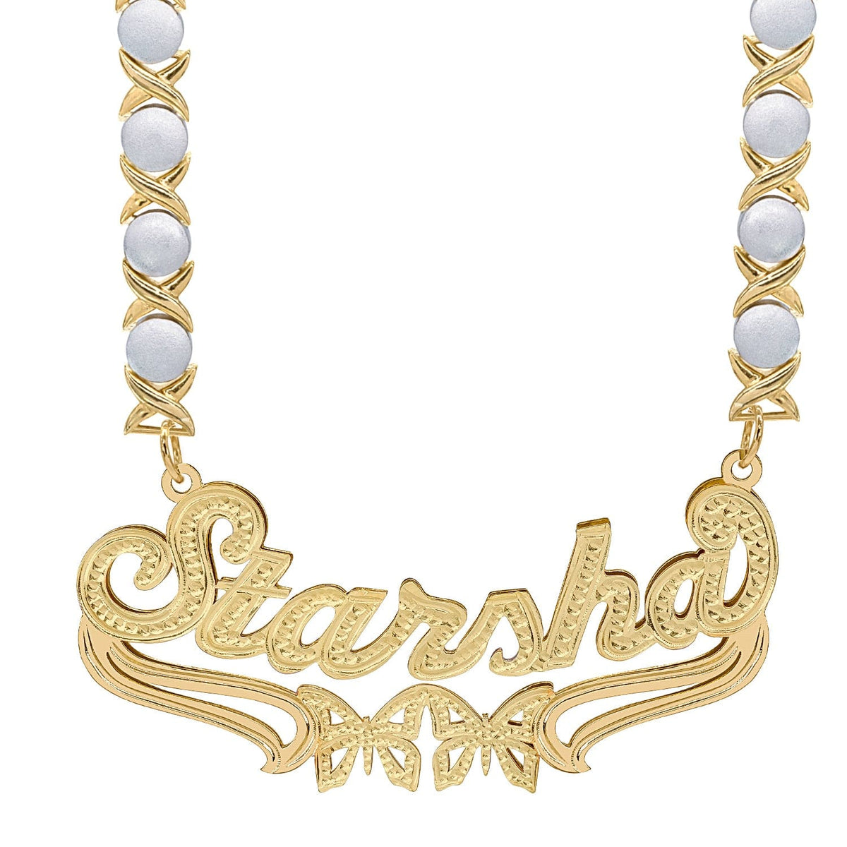 14k Gold over Sterling Silver / Rhodium Xoxo Chain Custom Double Plated Name Necklace &quot;Starsha&quot; with Rhodium Xoxo Chain