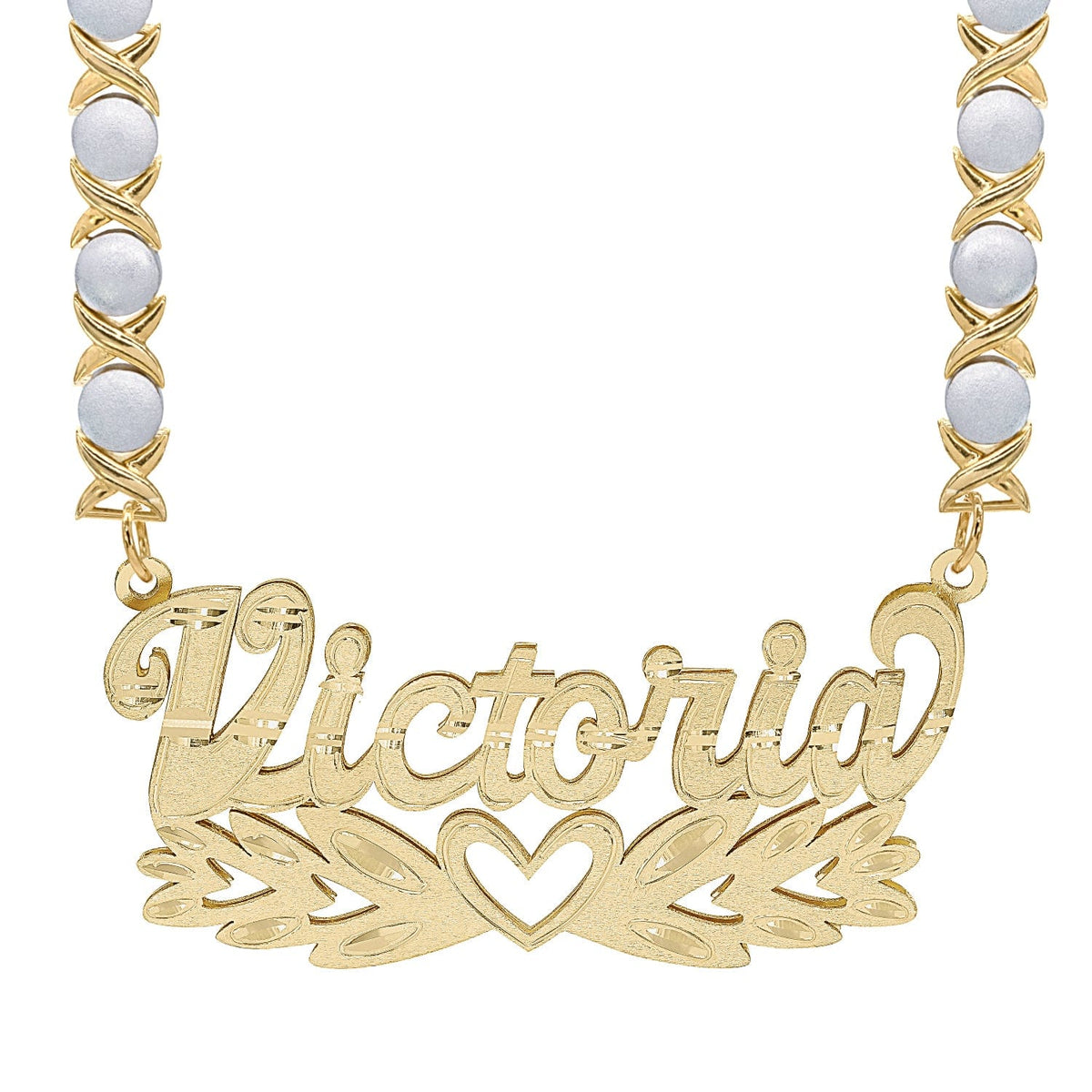 14K Gold over Sterling Silver / Rhodium Xoxo Chain Double Nameplate Necklace &quot;Victoria&quot; with Rhodium Xoxo Chain