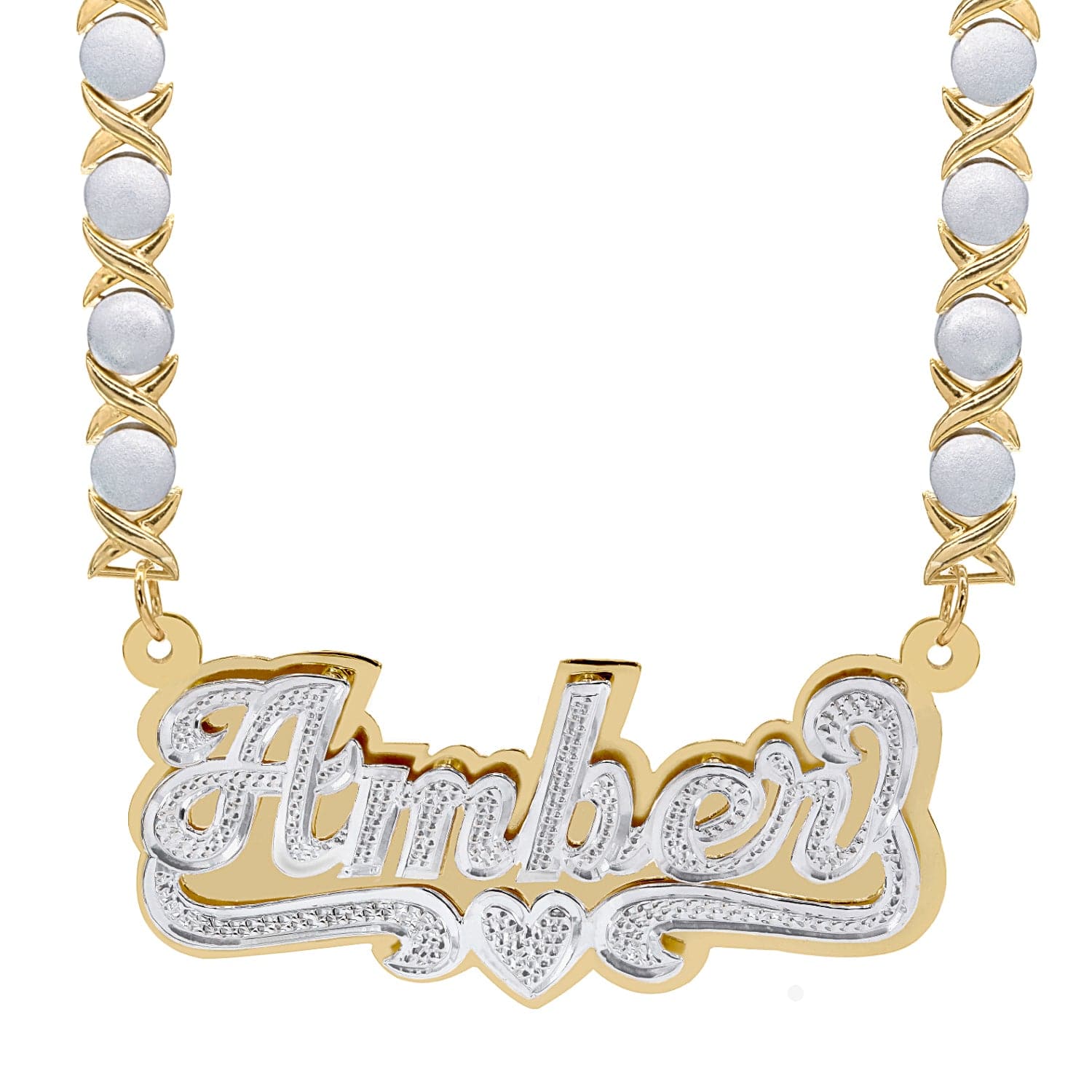 14K Gold over Sterling Silver / Rhodium Xoxo Chain Double Plated Name Necklace "Amber" with Rhodium Xoxo Chain