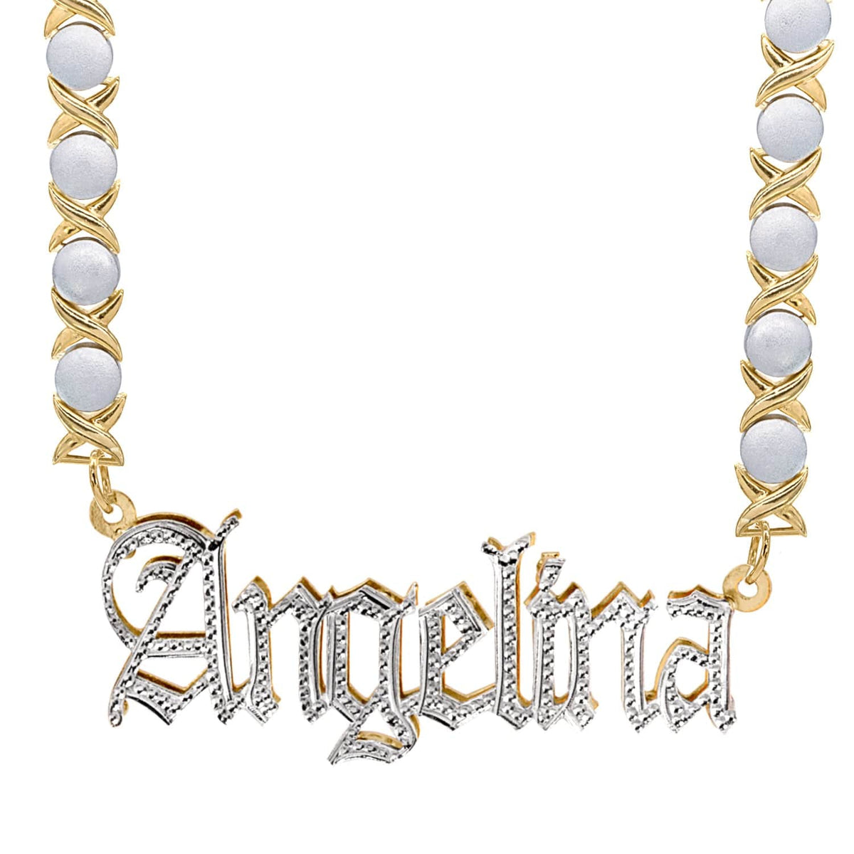 14K Gold over Sterling Silver / Rhodium Xoxo Chain Double Plated Name Necklace &quot;Angelina&quot; with Rhodium Xoxo Chain
